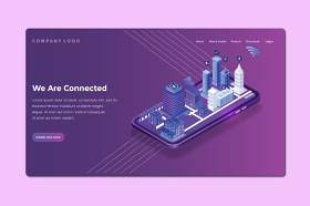 紫色2.5D插画等距登录页创意城市建设展示数字概念WEB网页界面模板设计AI矢量素材Isometric Landing Page