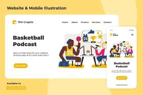 篮球播客登录页手机端和网页AI素材界面插画PSD模板Basketball Podcast Landing page & Mobile design