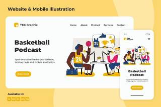 篮球播客登录页手机端和网页AI素材界面插画PSD模板Basketball Podcast Landing page & Mobile design
