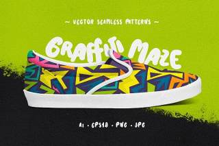 涂鸦迷宫无缝图案AI背景矢量素材Graffiti Maze Seamless Patterns