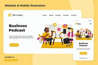商务直播登录页和移动界面设计AI插画PSD模板Business Podcast Landing page & Mobile design