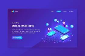 蓝色社会营销等距概念登录页插画矢量素材设计Social Marketing  Isometric Concept Landing Page