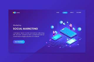 蓝色社会营销等距概念登录页插画矢量素材设计Social Marketing  Isometric Concept Landing Page