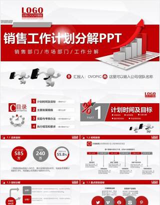 红色市场部门销售工作计划分解报告PPT模板