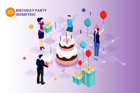 2.5D等距庆祝生日聚会AI人物矢量插画素材isometric birthday party vector illustration