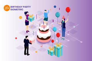 2.5D等距庆祝生日聚会AI人物矢量插画素材isometric birthday party vector illustration
