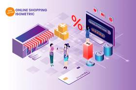 线上电商购物2.5D等距插画AI矢量素材Isometric online shopping vector illustration