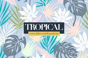 多彩的热带树叶图案AI矢量设计背景素材Colorful Tropical Foliar Seamless Patterns