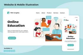 在线教育登录页和移动界面设计矢量素材Online Education landing page and mobile designs