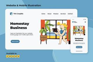 夏季家庭商务网络和移动界面矢量插画素材Homestay business in summer web and mobile