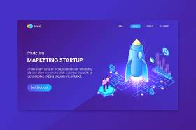 蓝色等距业务启动概念登录页网站插画矢量素材设计Isometric Business Startup Concept Landing Page