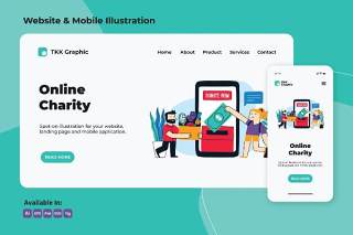 在线慈善项目网站和手机界面插画设计素材Online Charity project web and mobile