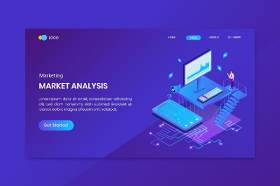 蓝色等距营销分析概念登录页网站插画矢量素材设计Isometric Marketing Analysis Concept Landing Page