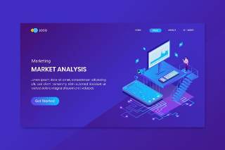 蓝色等距营销分析概念登录页网站插画矢量素材设计Isometric Marketing Analysis Concept Landing Page