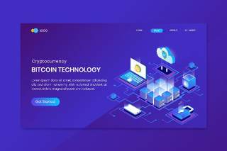 蓝色等距插画比特币技术登录页网站界面矢量素材设计Isometric Bitcoin Technology Landing Page