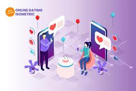 线上交友平台2.5D等距插画AI矢量素材Isometric online dating vector illustration