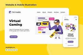 VR虚拟游戏网络和移动界面设计矢量插画素材Virtual Gaming web and mobile designs