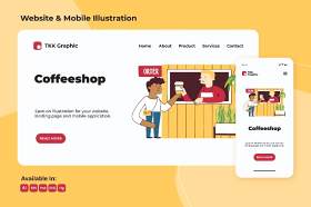 咖啡厅商务网站与手机界面设计矢量插画素材Coffee shop business web and mobile design