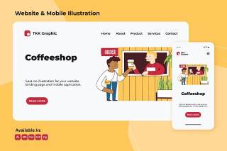 咖啡厅商务网站与手机界面设计矢量插画素材Coffee shop business web and mobile design