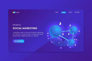 蓝色社交营销等轴测概念登录页模板插画网站矢量素材Social Marketing  Isometric Concept Landing Page Template