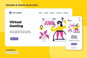 虚拟游戏网络和移动界面设计人物插画矢量素材Virtual Gaming web and mobile designs