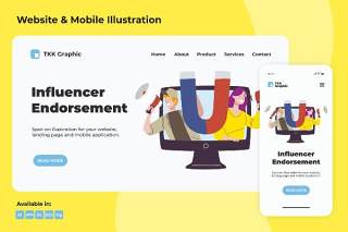 影响者广告代言网络和手机界面设计插画素材Influencer Endorsement web and mobile