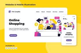 手机APP和电脑端线上购物AI人物插画PSD素材Online Shopping web and mobile designs