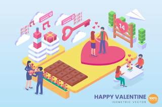 情人节快乐情侣约会2.5D等距AI矢量插画素材isometric happy valentine vector concept