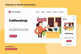 咖啡厅商务网站和手机移动端界面插画设计矢量素材Coffeeshop business web and mobile design