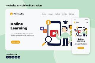 在线学习教育网络与移动界面矢量插画素材Online learning education web and mobile
