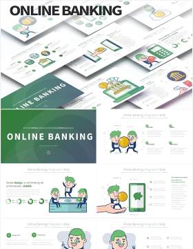 11套色系网上银行线上金融理财创意人物插画PPT素材Online Banking - PowerPoint Infographics