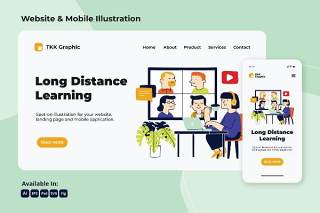 远程教育网络与移动界面插画矢量素材设计Long Distance learning education web and mobile