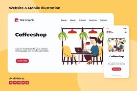 在咖啡店工作的网页和手机界面设计人物矢量插画素材Working in coffee shop web and mobile design