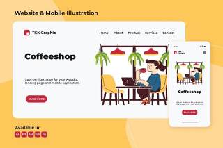 在咖啡店工作的网页和手机界面设计人物矢量插画素材Working in coffee shop web and mobile design