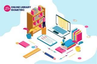 线上图书馆2.5等距插画AI矢量素材Isometric online library vector illustration