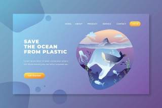 从塑料psd和ai矢量登陆页面拯救海洋UI界面插画save the ocean from plastic psd and ai vector landing page
