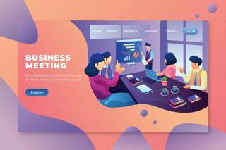 商务会议psd和ai vector登录页UI界面插画设计business meeting psd and ai vector landing page