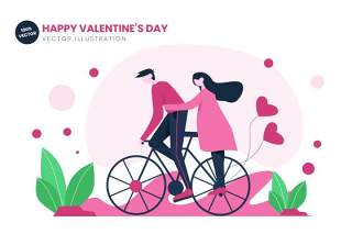 情人节骑自行车的情侣AI矢量插画素材平面设计Bicycling Couple On Valentines Day Flat Vector