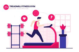 跑步机健身健身房平面矢量图AI插画设计人物素材Treadmill Fitness Gym Flat Vector Illustration