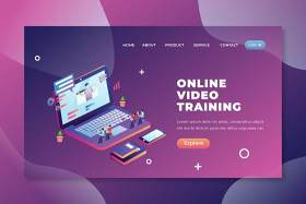 在线视频培训psd和ai登录页UI界面插画设计online video training psd and ai landing page