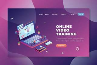 在线视频培训psd和ai登录页UI界面插画设计online video training psd and ai landing page