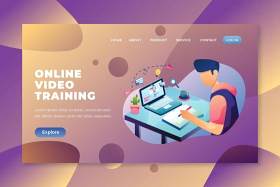 在线视频培训psd和ai登录页UI界面插画素材设计online video training psd and ai landing page