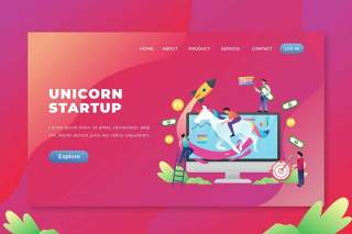 独角兽启动psd和ai矢量登陆页面UI界面插画设计unicorn startup psd and ai vector landing page