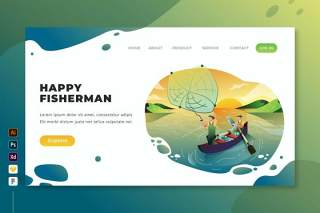 快乐渔夫矢量登陆页UI界面插画设计happy fisherman vector landing page