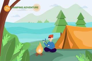野营探险平面矢量图AI插画设计素材Camping Adventure Flat Vector Illustration