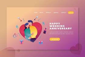结婚纪念日快乐登陆UI界面插画设计happy wedding anniversary psd and ai vector landing page