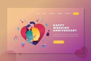 结婚纪念日快乐登陆UI界面插画设计happy wedding anniversary psd and ai vector landing page