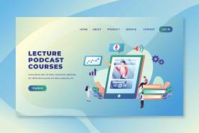 讲座播客课程psd和ai登录页UI界面插画设计lecture podcast courses psd and ai landing page