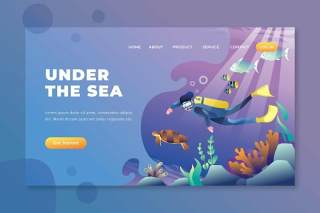 海底psd和ai矢量登陆页面UI界面插画设计under the sea psd and ai vector landing page