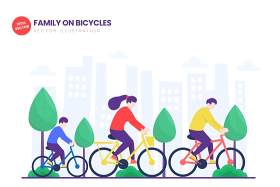 自行车家庭骑行平面矢量图AI人物插画设计素材Family On Bicycles Flat Vector Illustration